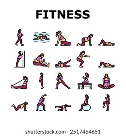 schwangere Fitness-Symbole setzen Vektor. Fitness Yoga, Kraft Flexibilität, Wellness Gesundheit, Balance Ausdauer, Ernährung schwanger Fitness Farbe Linie Illustrationen