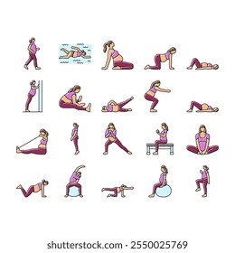 schwangere Fitness-Symbole setzen Vektor. Fitness Yoga, Kraft Flexibilität, Wellness Gesundheit, Balance Ausdauer, Ernährung schwanger Fitness Farbe Linie Illustrationen