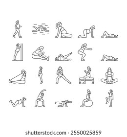 schwangere Fitness-Symbole setzen Vektor. Fitness Yoga, Kraft Flexibilität, Wellness Gesundheit, Balance Ausdauer, Ernährung schwanger Fitness schwarze Kontur Illustrationen