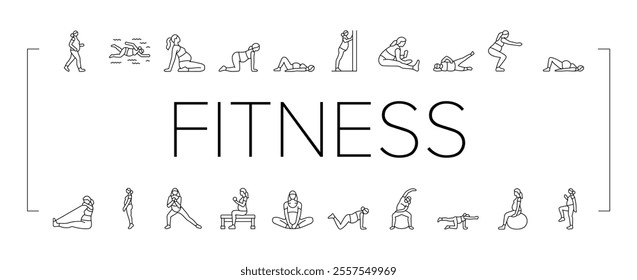 pregnant fitness icons set vector. exercise yoga, strength flexibility, wellness health, balance stamina, nutrition pregnant fitness black contour illustrations