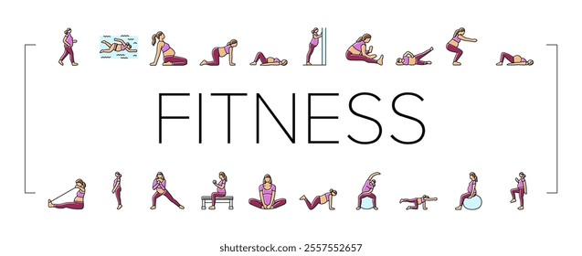 pregnant fitness icons set vector. exercise yoga, strength flexibility, wellness health, balance stamina, nutrition pregnant fitness color line illustrations