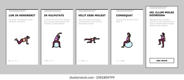 pregnant fitness onboarding mobile vector exercise yoga, strength flexibility, wellness health, balance stamina, nutrition pregnant fitness illustrations