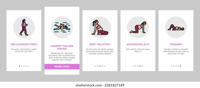 pregnant fitness onboarding mobile vector exercise yoga, strength flexibility, wellness health, balance stamina, nutrition pregnant fitness illustrations