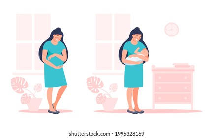 Pregnant future mother and female with newborn child. Pregnancy and maternity concept. Vector flat illustration.  Design cute young woman for poster, card, banner