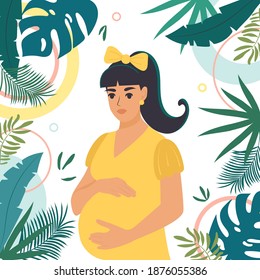 Pregnant girl among palm leaves. Flat vector illustration in cartoon style. Pregnancy health and care concept