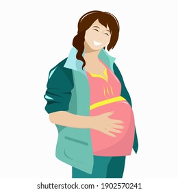 Pregnant girl with a big belly smiles and is happy