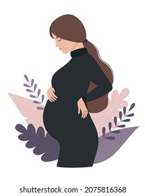 A pregnant girl in a black dress. Future happy mom. Vector illustration in a flat cartoon style on a white background.