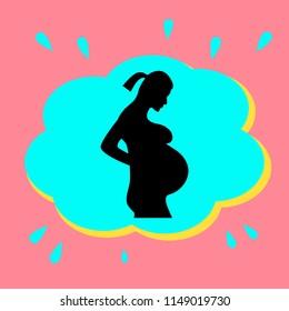 Pregnant girl. Black icon in a bubble on a pink background. Vector