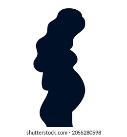 Pregnant girl. Black silhouette. Woman with long hair and in a dress. The joy of motherhood. Waiting for the birth of a child. Simple flat color vector illustration.