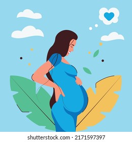 Pregnant girl with blue dress in flat style and with plants