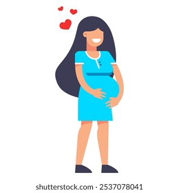 pregnant girl in blue dress. holding hands on stomach