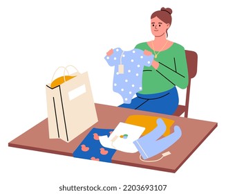 Pregnant girl buying clothes for the baby. Future mom preparing for the birth of child. Pregnancy. Flat vector illustration.