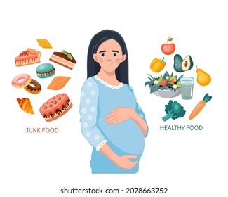 A pregnant girl chooses between healthy and unhealthy food. Choosing a diet during pregnancy. Vector illustration in cartoon style isolated on a white background
