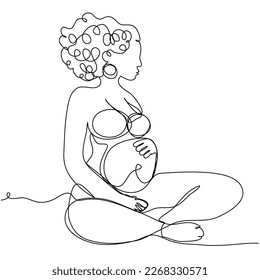 A pregnant girl with curls sits in a lotus position in one line on a white background. A woman strokes her belly and expects a baby in a calm atmosphere. Stock vector illustration with editable stroke