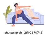 Pregnant girl does sport exercises, stretches. Expectant mother practices pregnancy yoga indoors. Happy woman with belly training, does workout. Flat isolated vector illustration on white background