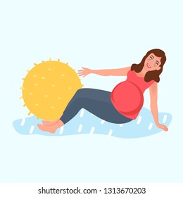 Pregnant girl doing Pilates. Charging and stretching for women during pregnancy. Vector illustration of healthy pregnancy