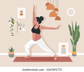 Pregnant Girl doing Yoga in her Room or apartment. Concept of a healthy Pregnancy. Cozy Room interior background with plants and pictures. Woman character doing Yoga at home. Vector illustrate.