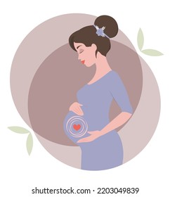 A pregnant girl is expecting a baby boy. Pregnant woman with a hairstyle in a blue dress
