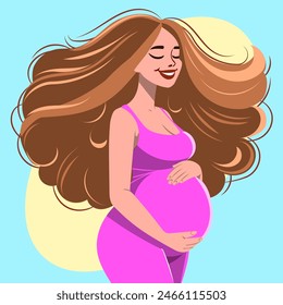 Pregnant girl, expecting a baby, with long curly hair, very happy