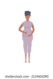 Pregnant girl in full growth. Well built pregnant female character. Isolated on white background. Flat style. Vector illustration.