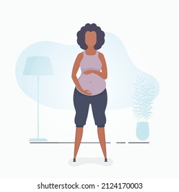 Pregnant girl in full growth. Well built pregnant female character. Banner in blue colors for your design. Flat vector illustration.