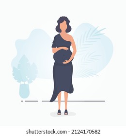 Pregnant girl in full growth. Well built pregnant female character. Banner in blue tones for you. Flat vector illustration.