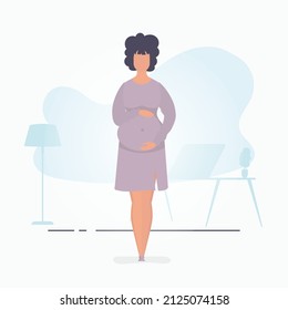 Pregnant girl in full growth. Well built pregnant female character. Banner in blue colors for your design. Vector illustration in cartoon style.