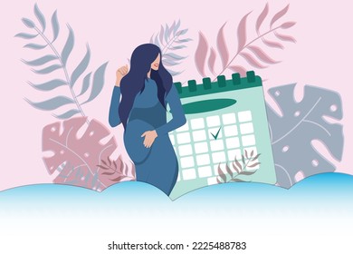 A pregnant girl gently hugs her stomach against the background of a calendar. Holiday. Pregnancy