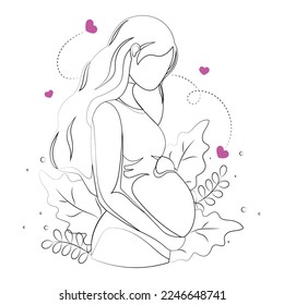 Pregnant girl in graphic style, with pink hearts around. Vector drawing