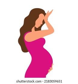A pregnant girl has a headache. Woman with long hair and in a dress. Waiting for the birth of a child. Simple flat color vector illustration.