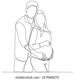 Pregnant girl and her husband. Couple family one continuous line drawing. Simple design vector illustration.