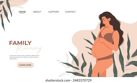 Pregnant girl holding her belly, maternity family planning concept for a banner, website design or landing page