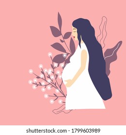 Pregnant girl holds belly next to flowers, a vector art