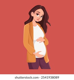 Pregnant girl holds her belly. Happy young woman expecting a baby. Vector illustration in cartoon style.