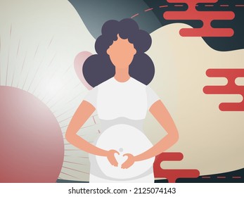A pregnant girl holds her hands on her stomach. Chinese style banner. Vector illustration.