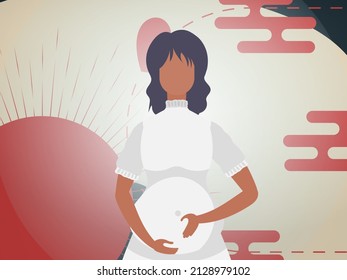 A pregnant girl holds her hands on her stomach. Chinese style banner. Vector illustration.