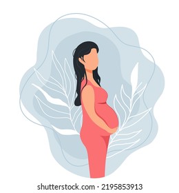 A pregnant girl holds her stomach. A character without a face. Vector Stock illustration. Flat style. Motherhood. gestation