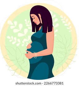 Pregnant girl hugs her belly. Happy motherhood illustration. Young mother