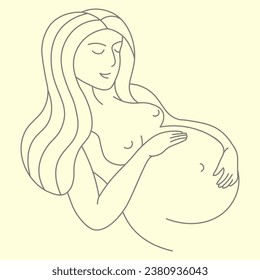 pregnant girl lies on her back and holds her belly vector line
