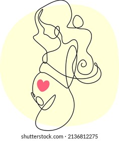 Pregnant Girl. Linear Drawing Depicting A Heart