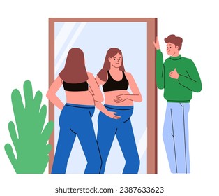 Muchacha embarazada mirando en el espejo a su barriga.  Al futuro padre le gusta su cuerpo. Tercer trimestre. Embarazo.  Cuerpo positivo. Ilustración vectorial plana.