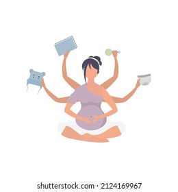 Pregnant girl in the lotus position. Active well built pregnant female character. Isolated on white background. Flat vector illustration.