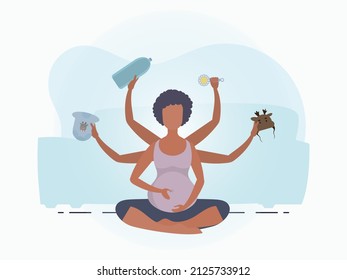 Pregnant girl in the lotus position. Active well built pregnant female character. Banner in blue colors for your design. Flat vector illustration.