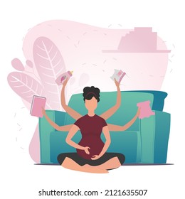 Pregnant girl in the lotus position. Relaxing pregnant woman. Vector flat illustration.