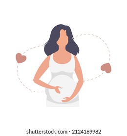 Pregnant girl lovingly holds her belly. Isolated on white background. Vector illustration.