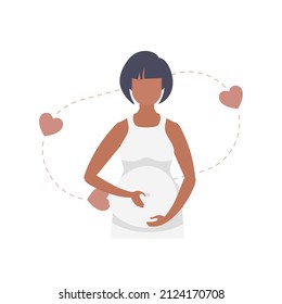 Pregnant girl lovingly holds her belly. Isolated on white background. Vector illustration.