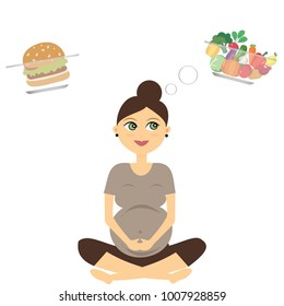 A pregnant girl makes a choice. She chooses healthy food, not fast food. Happy pregnancy. Healthy lifestyle. Vectors.