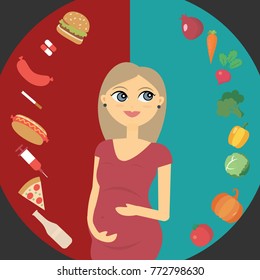 A pregnant girl makes a choice. She chooses healthy food, not fast food, drugs and alcohol. Happy pregnancy. Healthy lifestyle. Vectors.