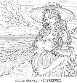 Pregnant girl on the beach.Coloring book antistress for children and adults. Illustration isolated on white background.Zen-tangle style. Hand draw