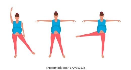 A pregnant girl performs a warm-up of arms and legs. Exercises for the upper muscles and lower back. Circular movements with arms and legs. The concept of maintaining body tone during pregnancy.